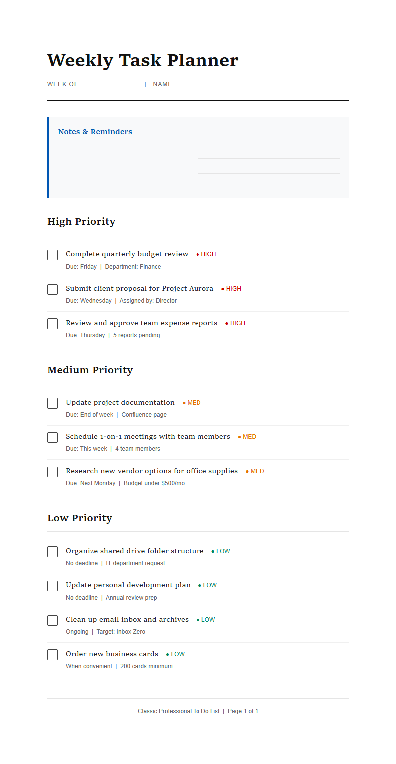 Classic professional to do list with serif typography